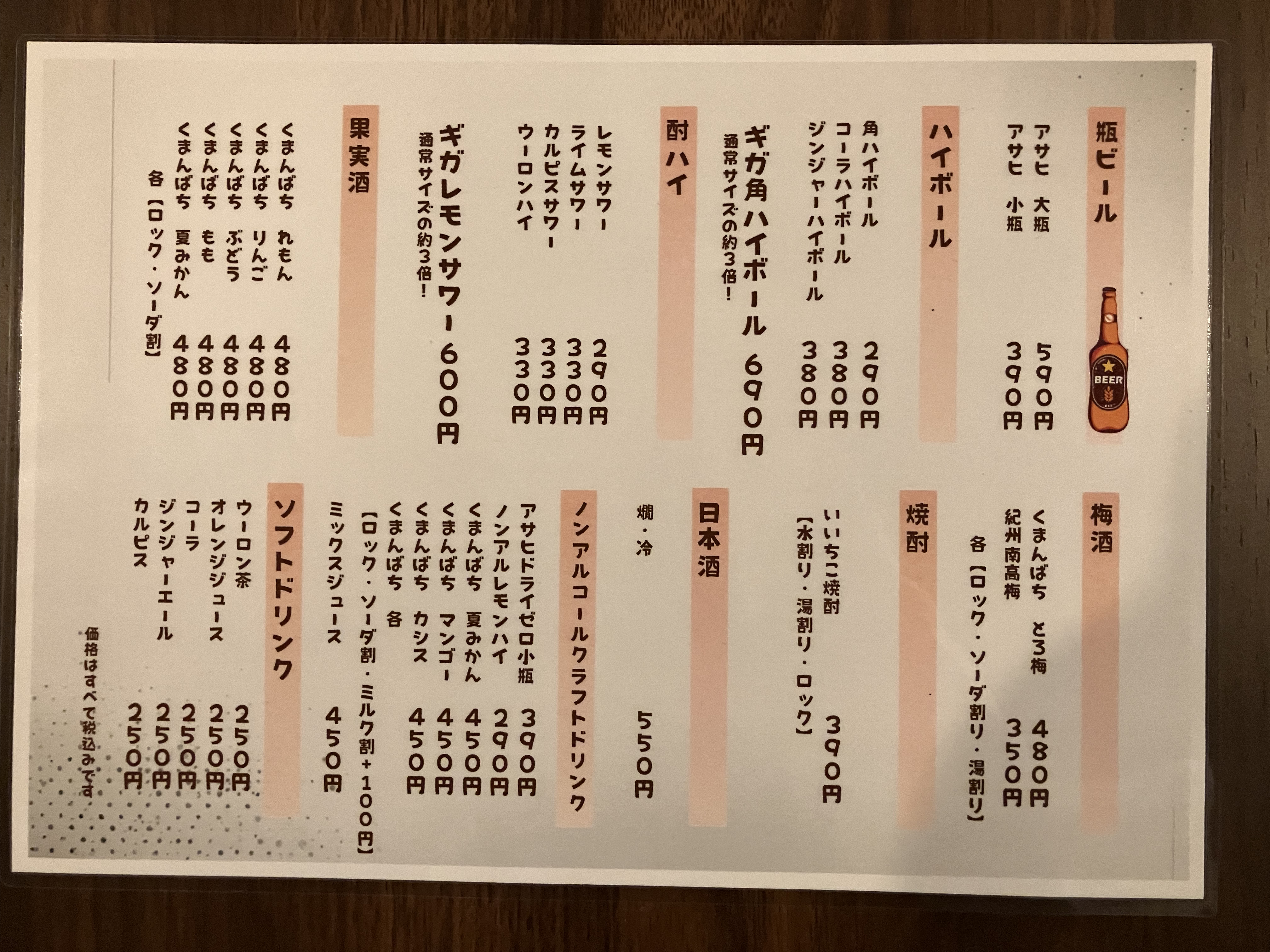 ドリンクメニュー表